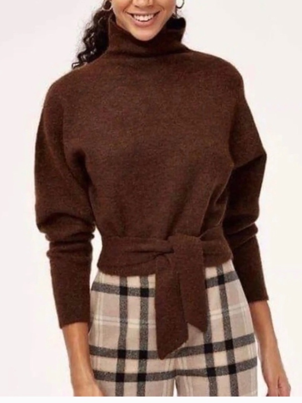 NWT Aritzia Wilfred Lorin Alpaca Wool Sweater Tie Front Turtleneck Brown